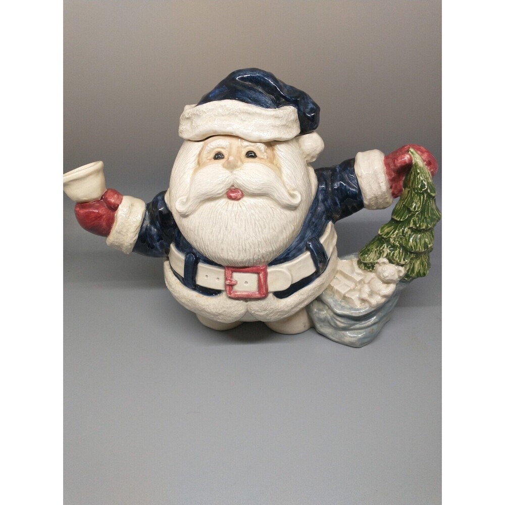 Santa Figural Teapot Christmas Ceramic Bisque Toy sack Tree and Bell Handpainted